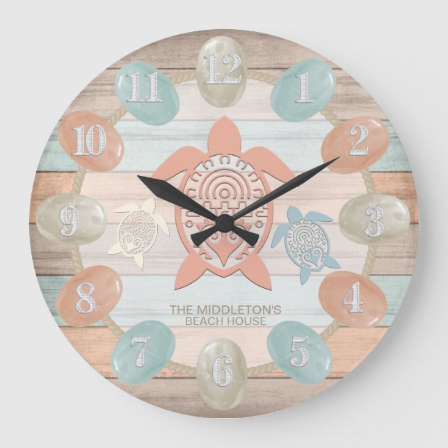 Nautical Beach Rand, Sea Glass, Turtle Stor Klocka (Framsida)