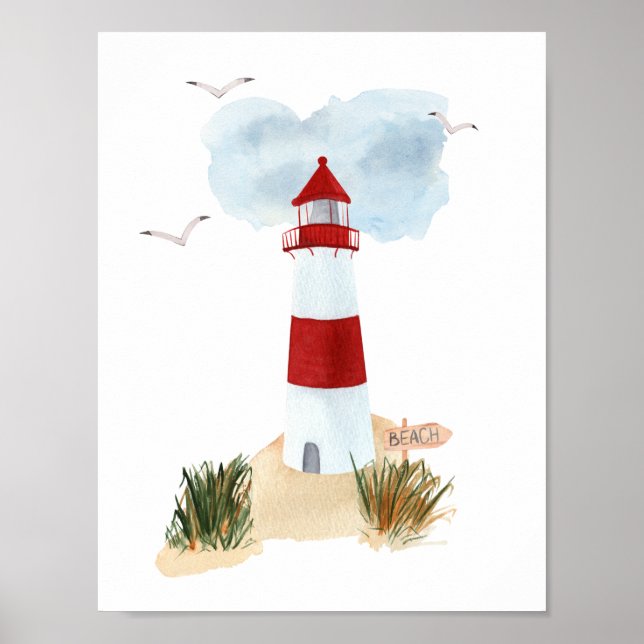 Nautical Beach Red And White Lighthouse Nursery  Poster (Framsidan)
