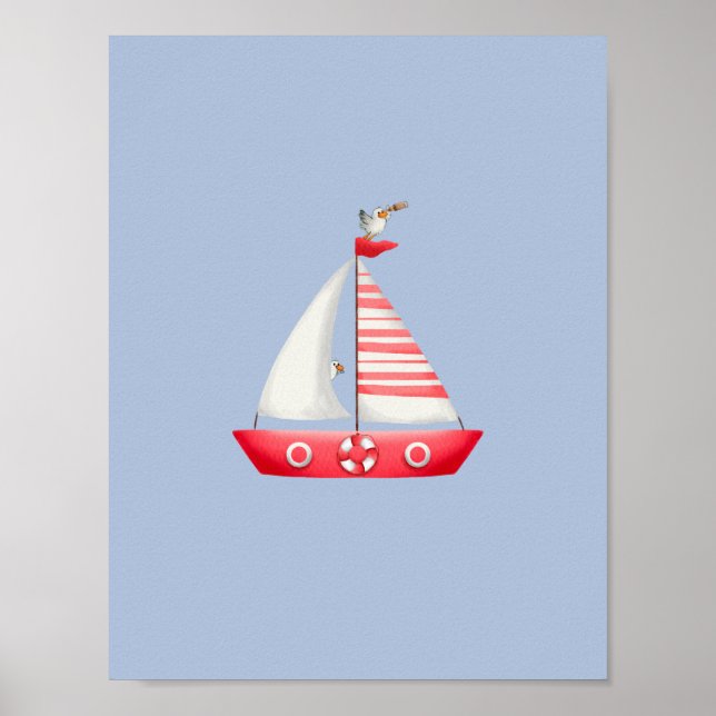 Nautical Beach Red Sailboat With Seagulls Nursery  Poster (Framsidan)