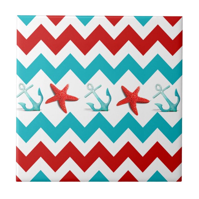 Nautical Beach Red Teal Chevron Anchors Starfish Kakelplatta (Framsidan)