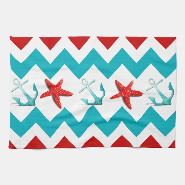 Nautical Beach Red Teal Chevron Anchors Starfish Kökshandduk (Horisontell)