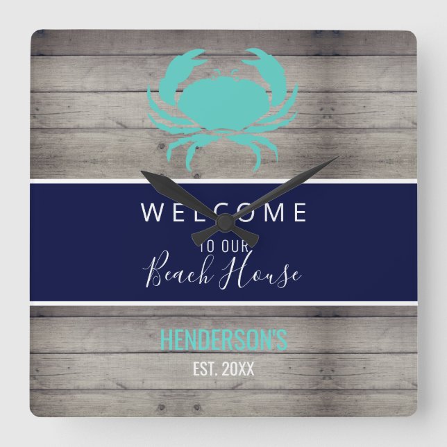 Nautical Beach Rustic Wood Family Monogram Namn Fyrkantig Klocka (Framsida)