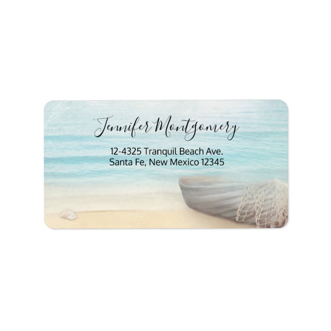 Nautical Beach Scene med Rowboat & Fishing Net Adressetikett (Framsidan)