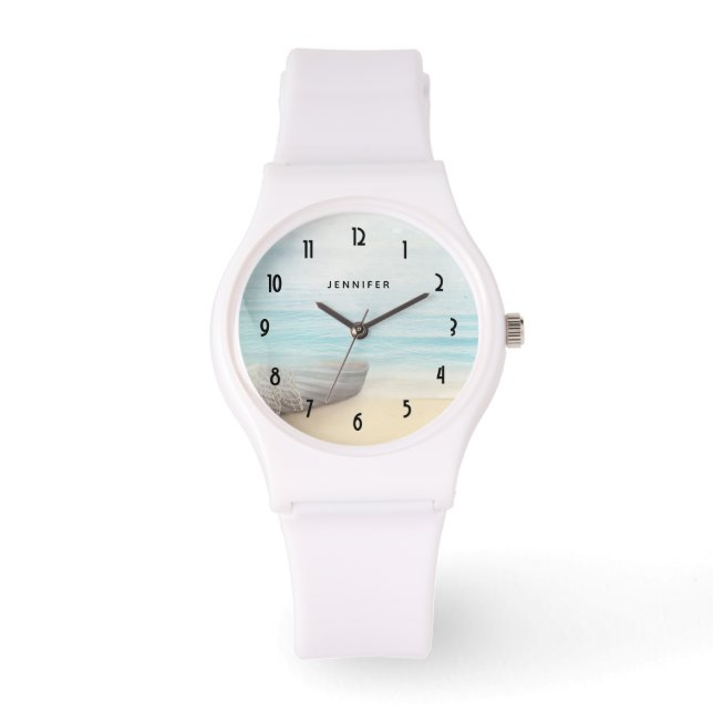 Nautical Beach Scene med Rowboat & Fishing Net Armbandsur (Framsida)