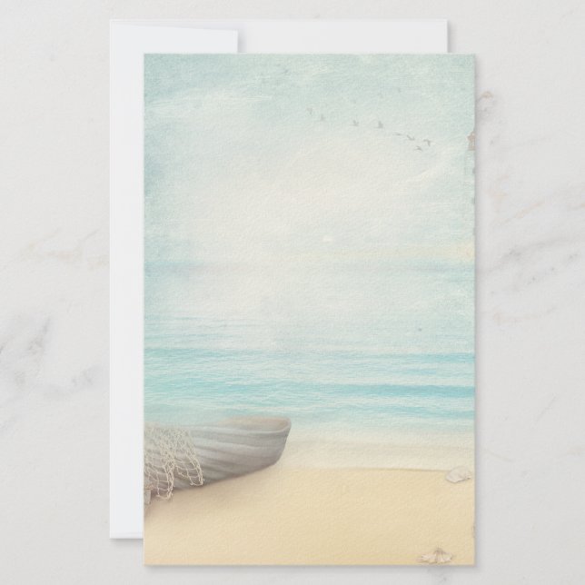 Nautical Beach Scene med Rowboat & Fishing Net Brevpapper (Framsida)