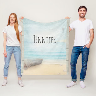 Nautical Beach Scene med Rowboat & Fishing Net Fleecefilt