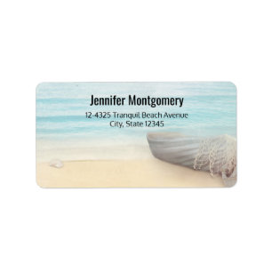 Nautical Beach Scene med Rowboat & Fishing Net La Adressetikett