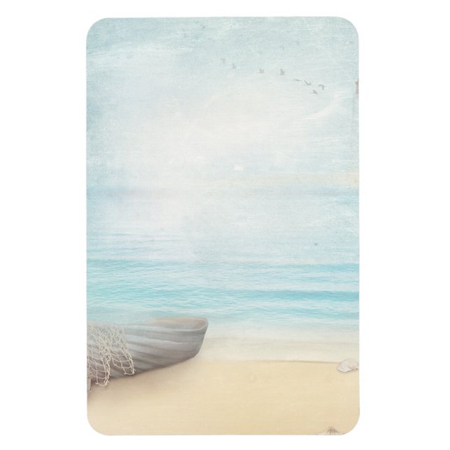 Nautical Beach Scene med Rowboat & Fishing Net Magnet (Vertikal)