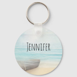Nautical Beach Scene med Rowboat & Fishing Net Nyckelring