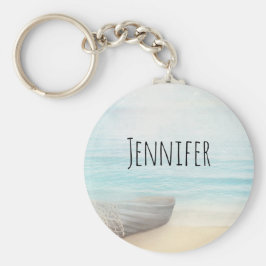 Nautical Beach Scene med Rowboat & Fishing Net Nyckelring