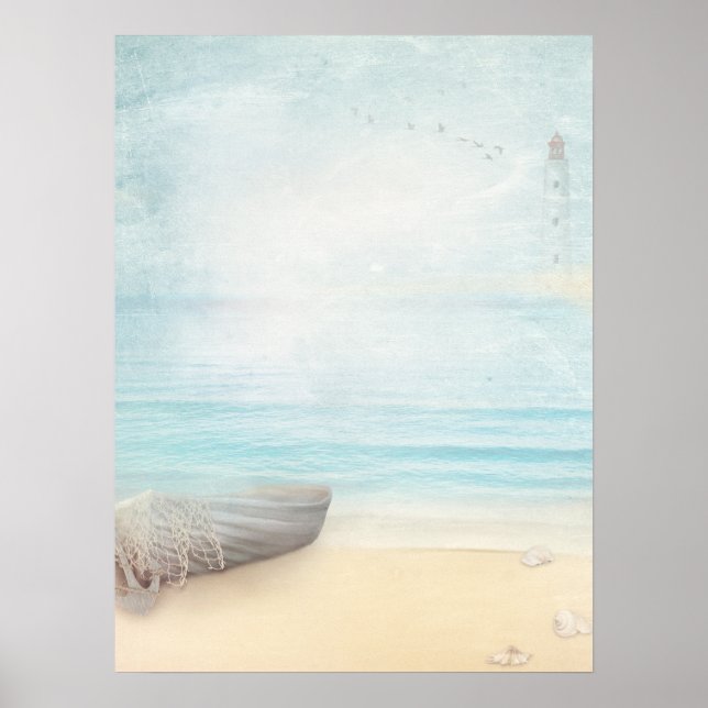 Nautical Beach Scene med Rowboat & Fishing Net Poster (Framsidan)