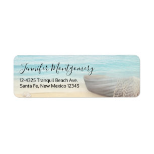 Nautical Beach Scene med Rowboat & Fishing Net Returadress Etikett