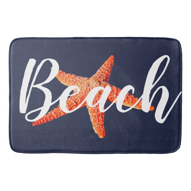 Nautical Beach Script Red Starfish & Navy Badrumsmatta (Framsidan)