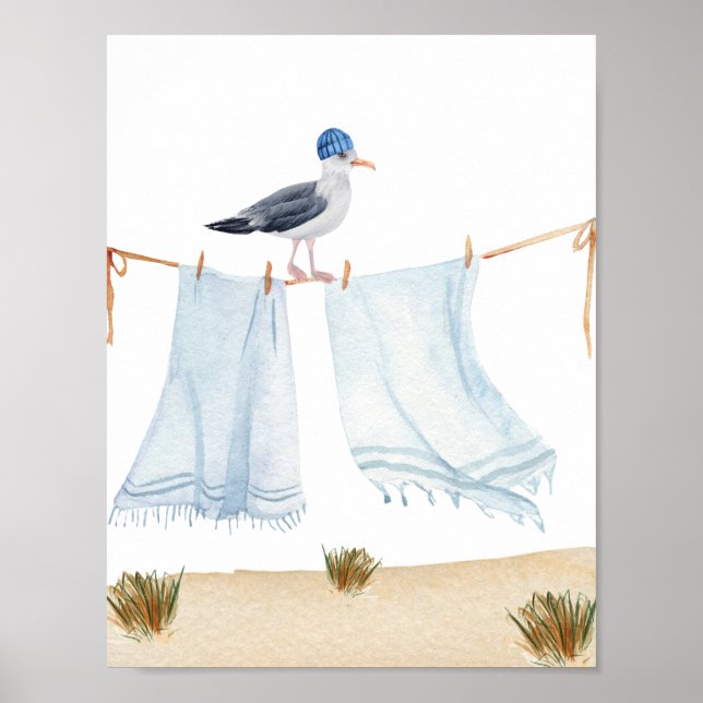 Nautical Beach Seagull With A Hat Laundry Nursery Poster (Framsidan)