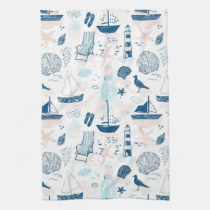 Nautical Beach Sommar Blå Rosa Kust (1) Kökshandduk