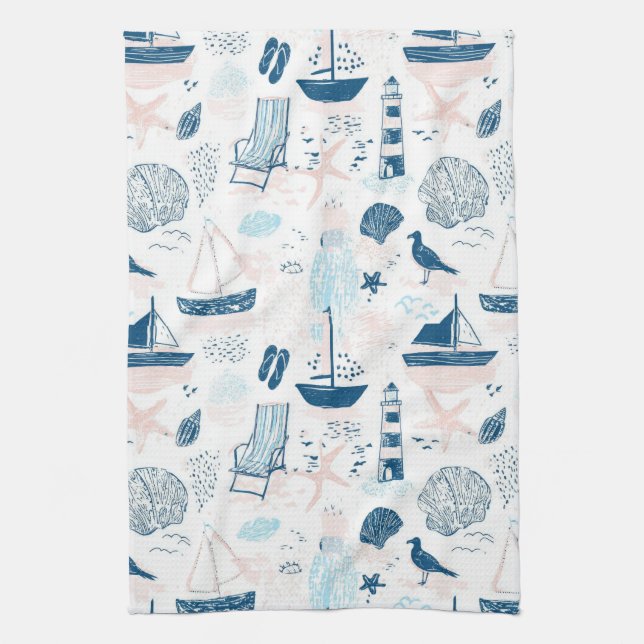 Nautical Beach Sommar Blå Rosa Kust (1) Kökshandduk (Vertikal)
