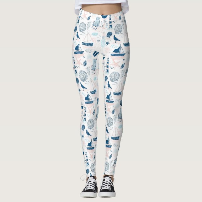 Nautical Beach Sommar Blå Rosa Kust (1) Leggings (Framsida)