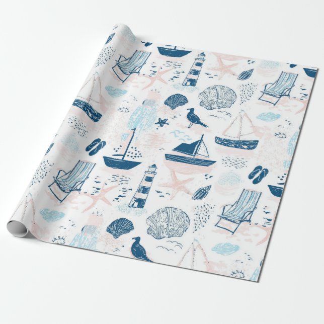 Nautical Beach Sommar Blå Rosa Kust (1) Presentpapper (Utrullad)