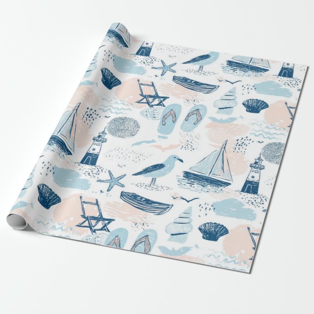 Nautical Beach Sommar Blå Rosa Kust (2) Presentpapper (Utrullad)