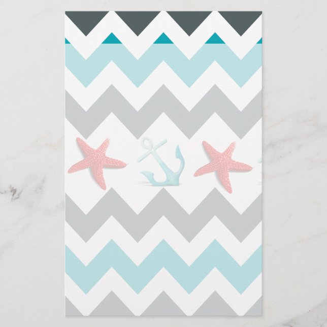 Nautical Beach Theme Chevron Anchors Starfish Brevpapper (Framsida)