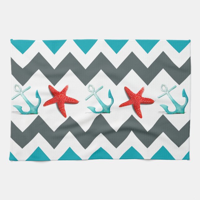 Nautical Beach Theme Chevron Anchors Starfish Kökshandduk (Horisontell)