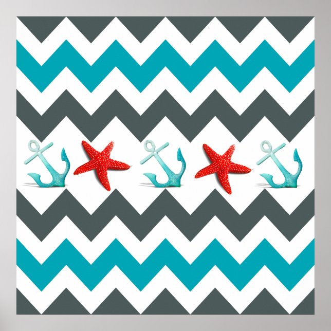 Nautical Beach Theme Chevron Anchors Starfish Poster (Framsidan)