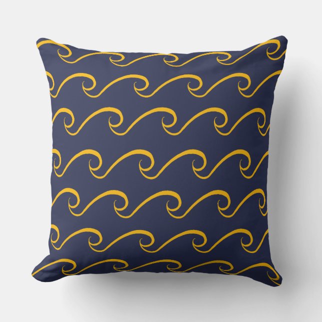 Nautical Beach Wave Navy Blue and Guld Pillow Kudde (Framsida)