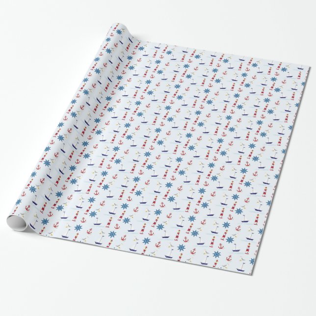 Nautical Beachy Lighthouse och Starfish Gift Wrap Presentpapper (Utrullad)
