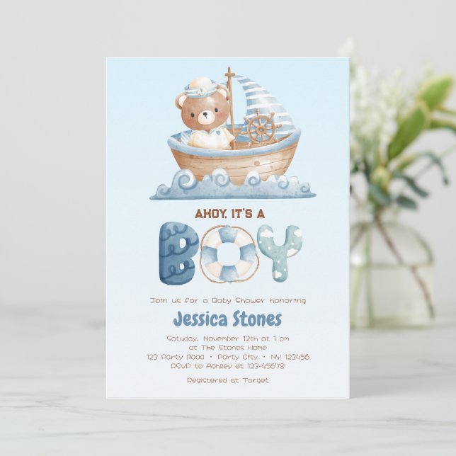 Nautical Bear Boy Baby Shower-inbjudningar Inbjudningar (Stående Fram)