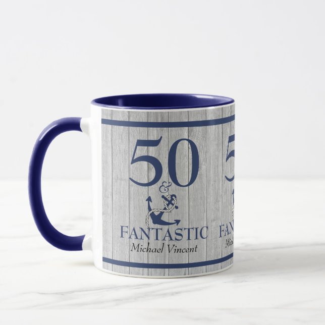 Nautical Birthday 50 och Fantastic Navy Blue Grått Mugg (Vänster)