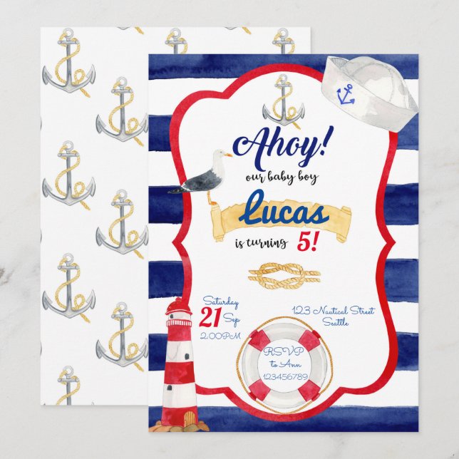 Nautical Birthday Invitation Inbjudningar (Fram/baksida)