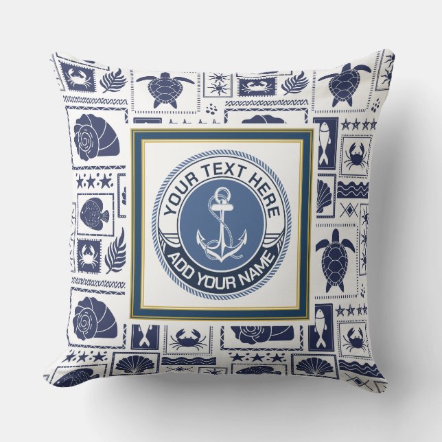 Nautical Blå och Vit Ankar Kust Kudde (Framsida)
