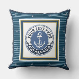 Nautical Blå och Vit Randig Ankar Anpassat Namn Kudde