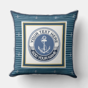Nautical Blå och Vit Randig Ankar Anpassat Namn Kudde