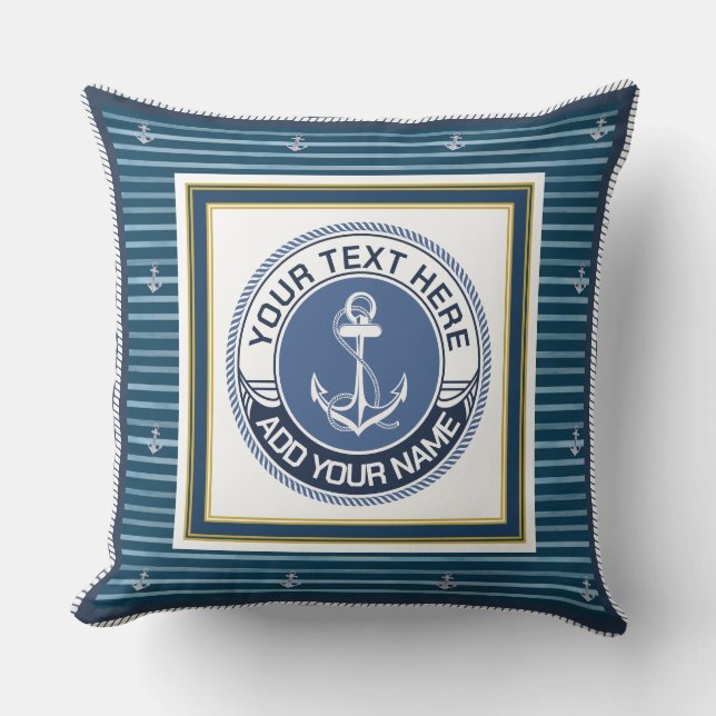 Nautical Blå och Vit Randig Ankar Anpassat Namn Kudde (Framsida)