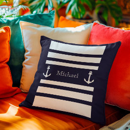 Nautical Blå Och Vita Ränder Ankare Namn Kudde