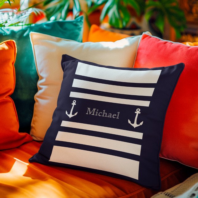 Nautical Blå Och Vita Ränder Ankare Namn Kudde (Skapare uppladdad)