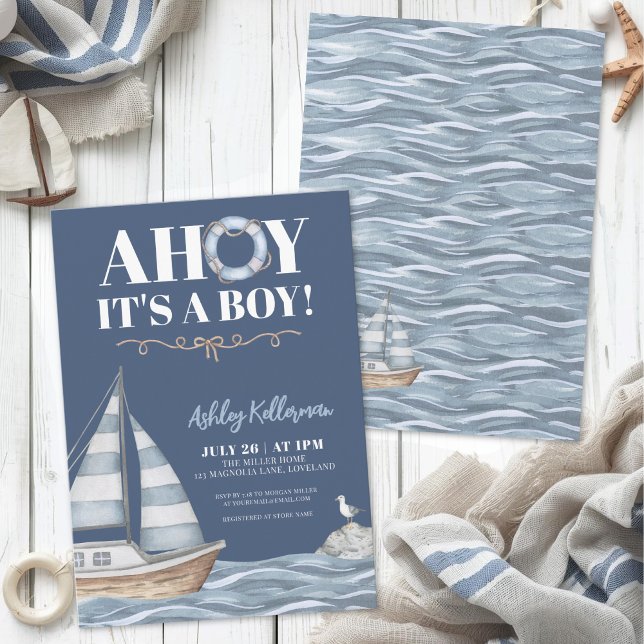 Nautical Blå Pojke Baby Shower Inbjudningar (Nautical Blue Boy Baby Shower Invitation)