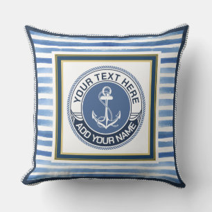 Nautical Blå Ränder Ankare Anpassad Monogram Kudde