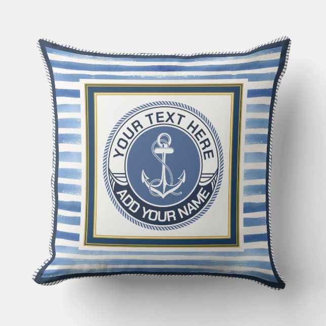 Nautical Blå Ränder Ankare Anpassad Monogram Kudde (Framsida)