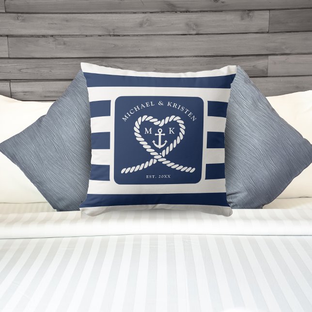 Nautical Blå Randig Hjälteankare Bröllop  Kudde (Nautical Blue Striped Heart Anchor Wedding Throw Pillow)