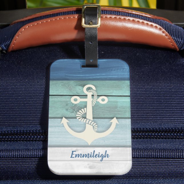 Nautical Blå Turkos Bruten Trä Ankare Bagagebricka (Framsida Insitu 2)