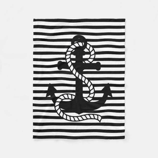 Nautical Black White Rand och Black Anchor Fleecefilt (Framsidan)