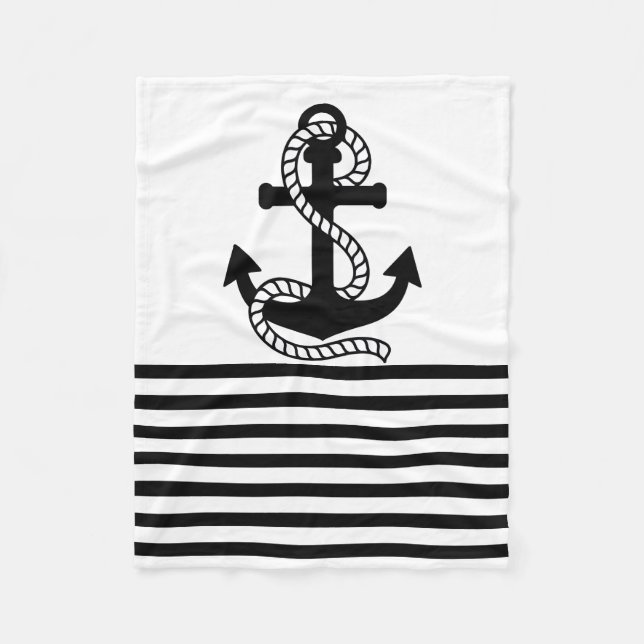 Nautical Black White Rand och Black Anchor Fleecefilt (Framsidan)