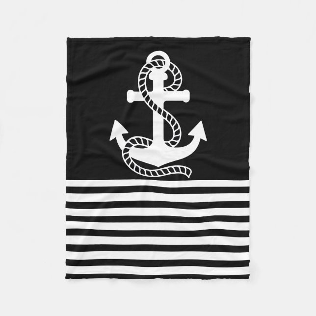 Nautical Black White Rand och White Anchor Fleecefilt (Framsidan)
