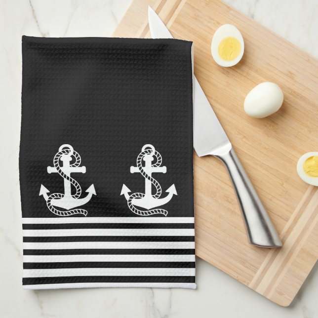 Nautical Black White Rand och White Anchor Kökshandduk (Vikt i Fjärdedel)