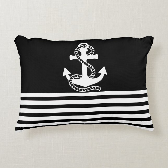 Nautical Black White Rand och White Anchor Prydnadskudde (Framsidan)