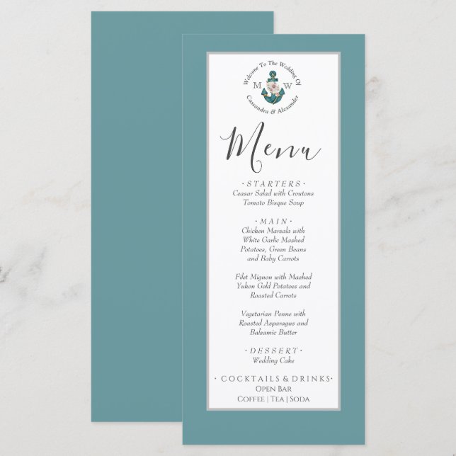Nautical Blommigt Anchor Powder Teal Aqua Blue Meny (Fram/baksida)