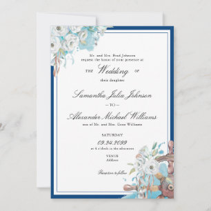 Nautical Blommigt Navy & White Forme Bröllop Inbjudningar