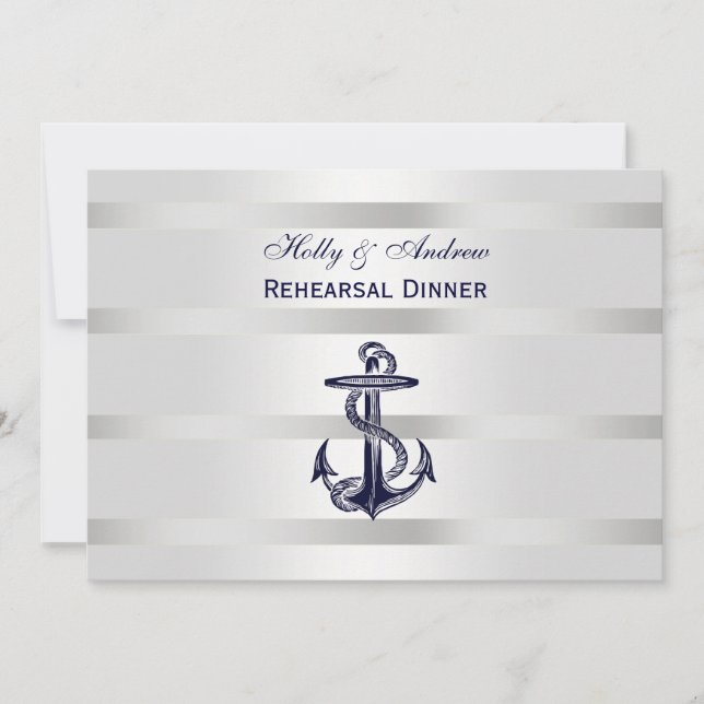 Nautical Blu Anchor Silver Wht BG H Rehearsal Din Inbjudningar (Framsida)
